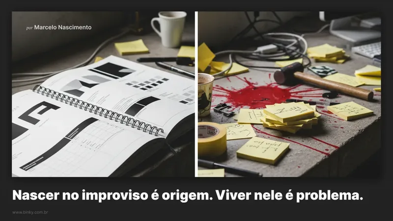Caderno de identidade visual organizado ao lado de uma mesa caótica com post-its e tinta vermelha derramada