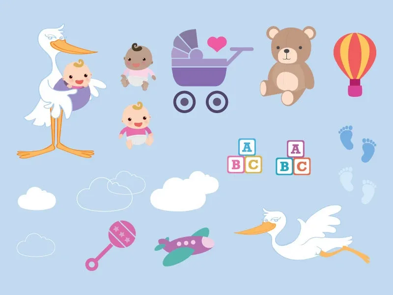 Iconografia do programa: cegonha, bebês, brinquedos e elementos da identidade
