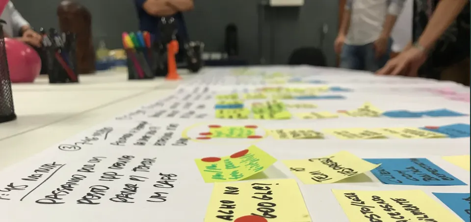 Parede de post-its com hipóteses do time AmPm agrupadas por tema