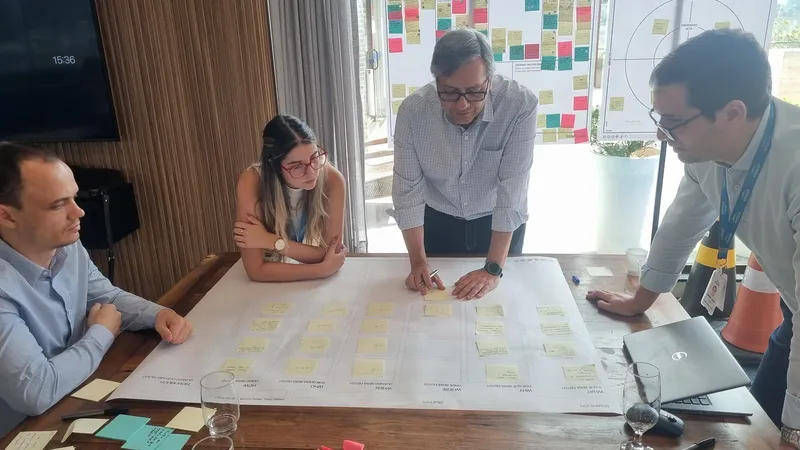 Grupo debruçado sobre canvas em sessão de trabalho na Engie